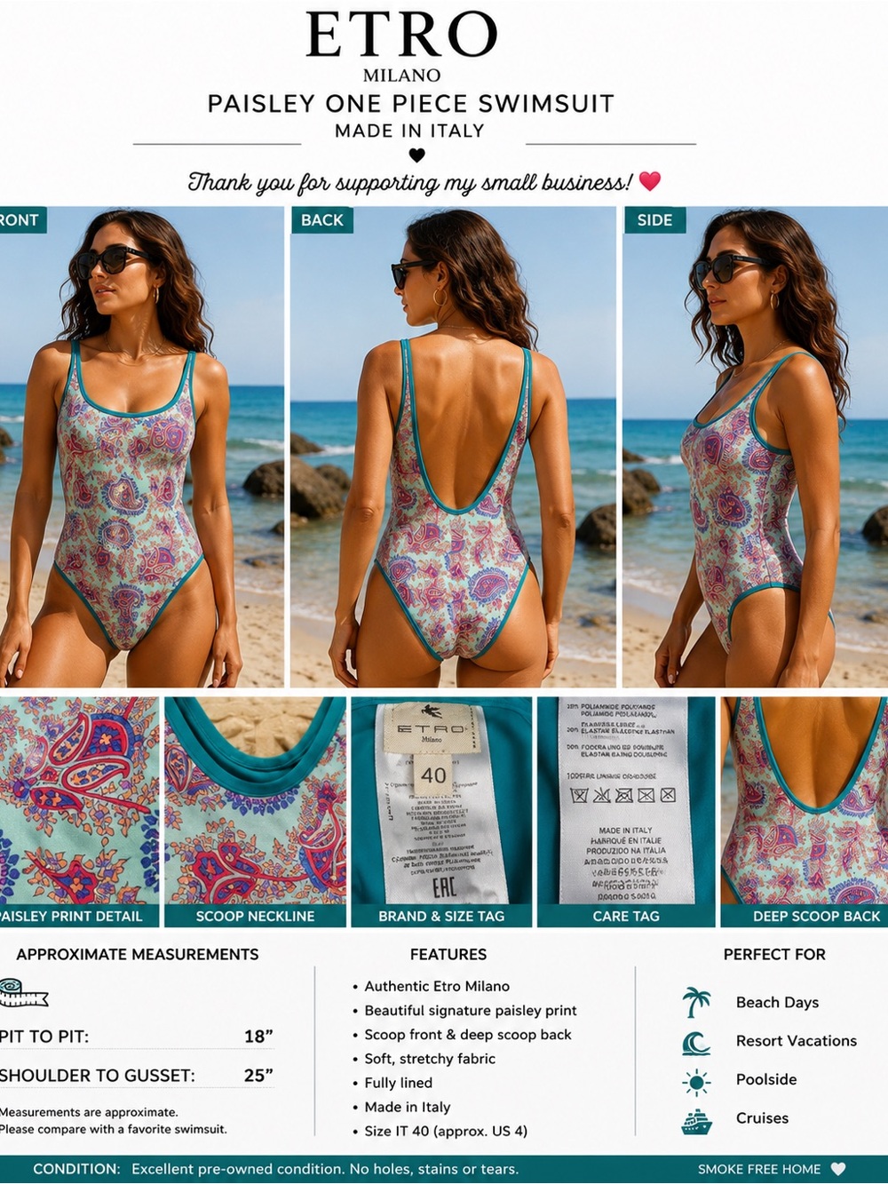 Etro Milano Paisley One Piece Swimsuit Made in Italy Women's IT 40 US 4